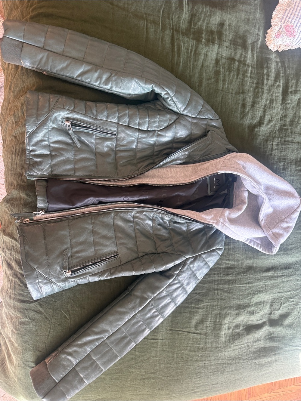 Olive Quilted Faux-Leather Jacket with Removable Hood - Women's